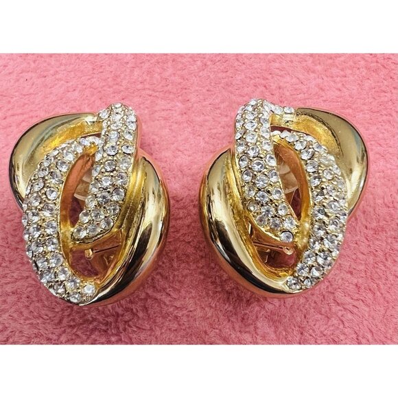 Vtg Christian Dior Earrings Signed Rhinestone Gold tone Runway Statement Clip On - Picture 2 of 11
